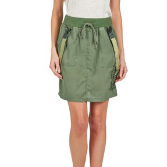 Desigual Felobe skirt army hunter green suspenders embroidered 36 4 6 8 medium L - Picture 5 of 7